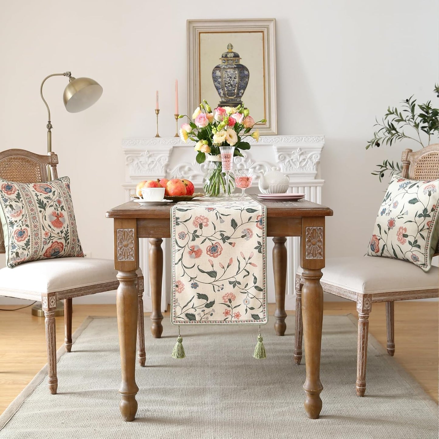 ISAENNE Designer Chinoiserie Elegant Linen Floral Table Runner 71 Inches Long,White Wrinkle Resistant Table Runners for Dining Tables,Thanksgiving,Kitchen Tables,Christmas,12"*71"-Daffy A