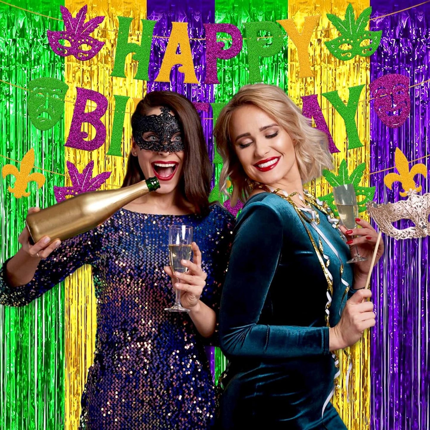 3 Pack Gold Green Purple Foil Fringe Curtains Backdrop, 3.28 x 9.8 Ft Metallic Streamers Tinsel Curtains Background for Photo Booth, Birthday, Halloween, Christmas, New Year Party Decorations