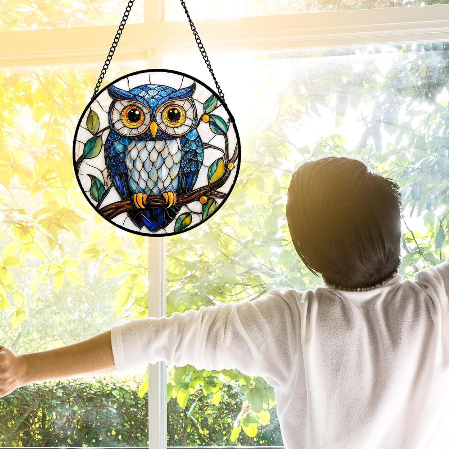 Stained Glass Window Hanging, Owl Gifts for Women Sun Catchers Diamond Glass Panel Hangings Birds Suncatcher Decor for Birthday for Women, Men, Wife, Aunt,and Mom 7.8X7.8IN