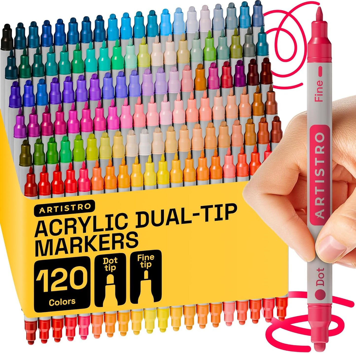 ARTISTRO 120 Acrylic Paint Pens, Acrylic Paint Markers, Fabric Markers for Textile, Canvas, Rock, Glass, Wood, Paper, Pumpkin, DIY (Dual Tip Dot + Fine, 120)