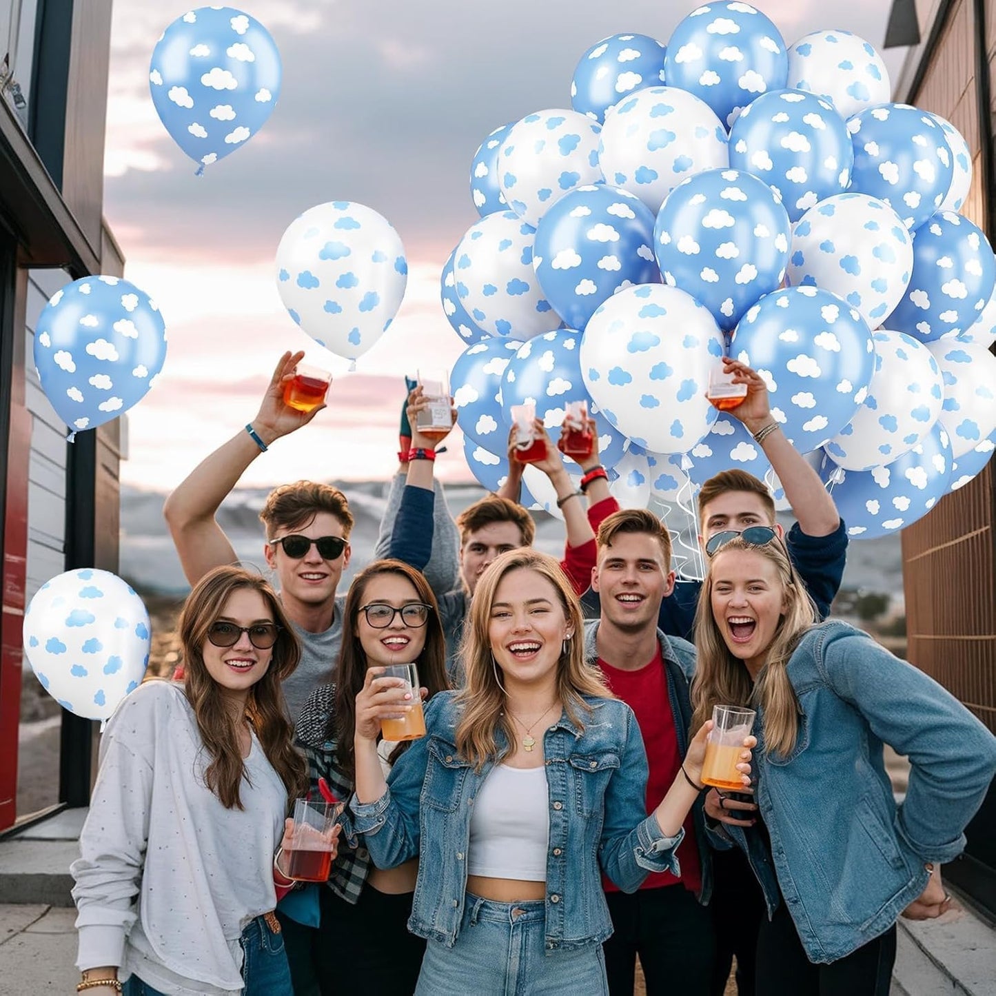 Cloud Balloons, 52 PCS 12 Inch Blue White Balloons With Clouds Print for Birthday, Baby Shower, Cloud Themed Party Decorations Supplies