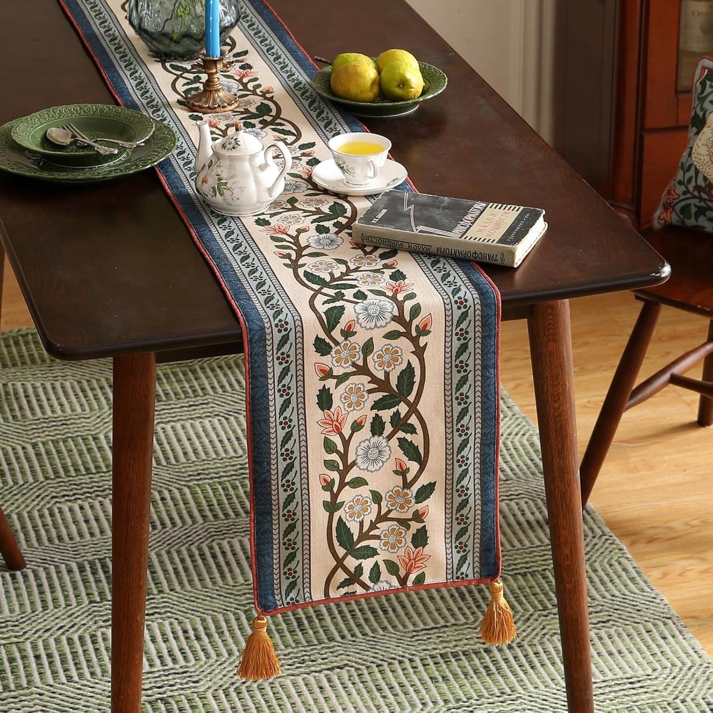 ISAENNE Designer Vintage Elegant Linen Table Runner 102 Inches Long,Colorful Flower Pattern Soft Table Runners for Dining Tables,Thanksgiving,Kitchen Tables,Christmas,12"*102"-Naples C