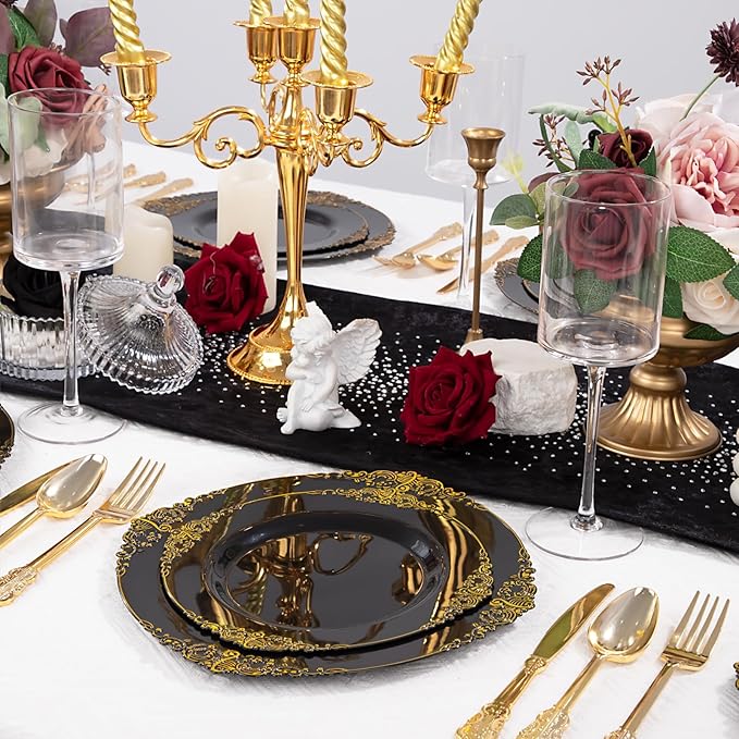 125PCS Black and Gold Plastic Plates - Black Disposable Dinnerware Set - Vintage Plastic Plates with Gold Silverware for 25 Guests for Wedding Party