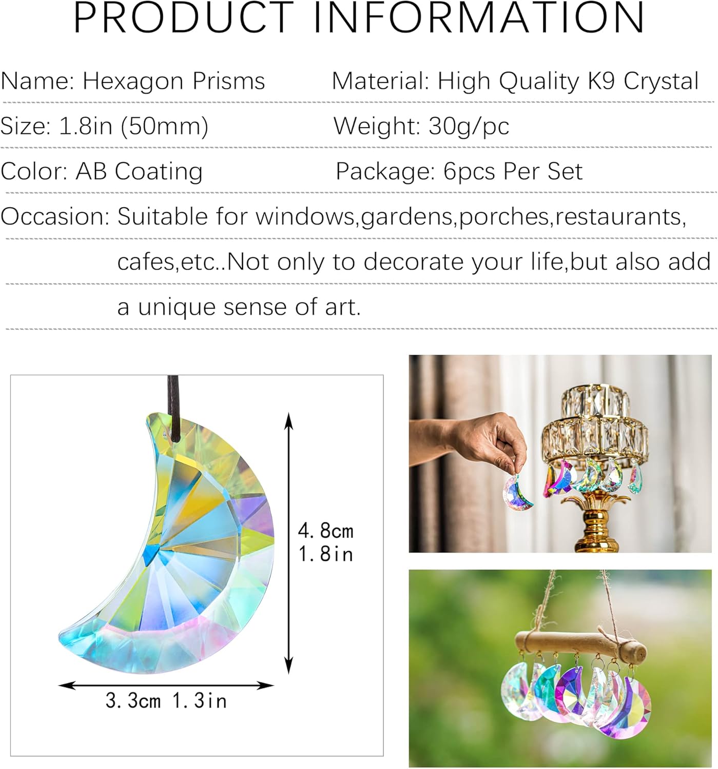 6pcs Colorful Crystal Faceted Half Moon Prisms Chandelier Lamp Lighting Drops Pendants Prisms Hanging Crystals Suncatcher for Window Garden Home Decoration