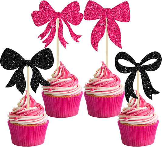 Gyufise 36Pcs Bow Cupcake Toppers Glitter Bowknot Cupcake Picks Bow Tie Birthday Decorations Bow Cake Toppers for Bridal Baby Shower Bachelorette Party Supplies Black Rose Red