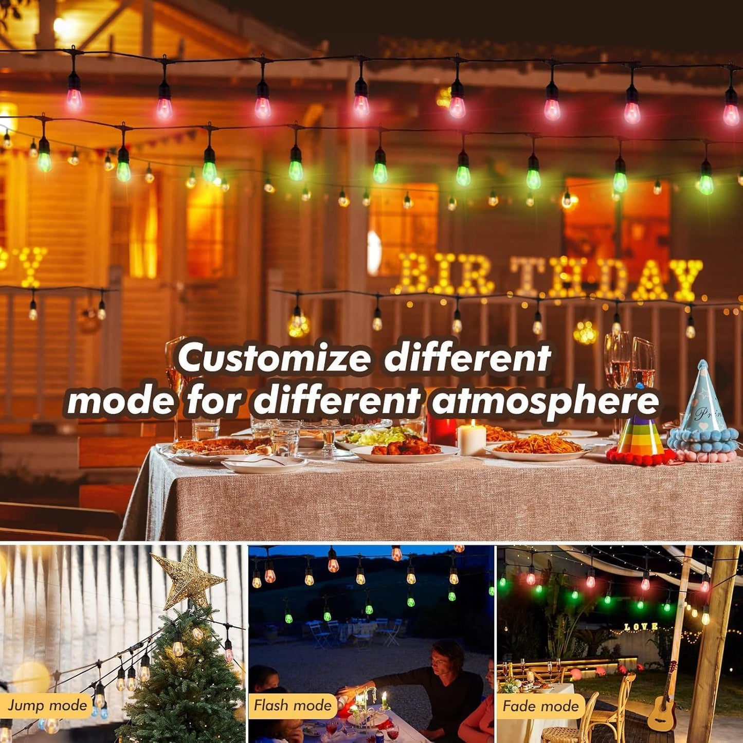 24FT Solar Outdoor String Lights, 12 Shatterproof E26 Edison LED Bulbs, Dimmable RGB Color Changing Patio Lights with 8 Modes, IP65 Waterproof & Remote for Weddin & Commercial Use