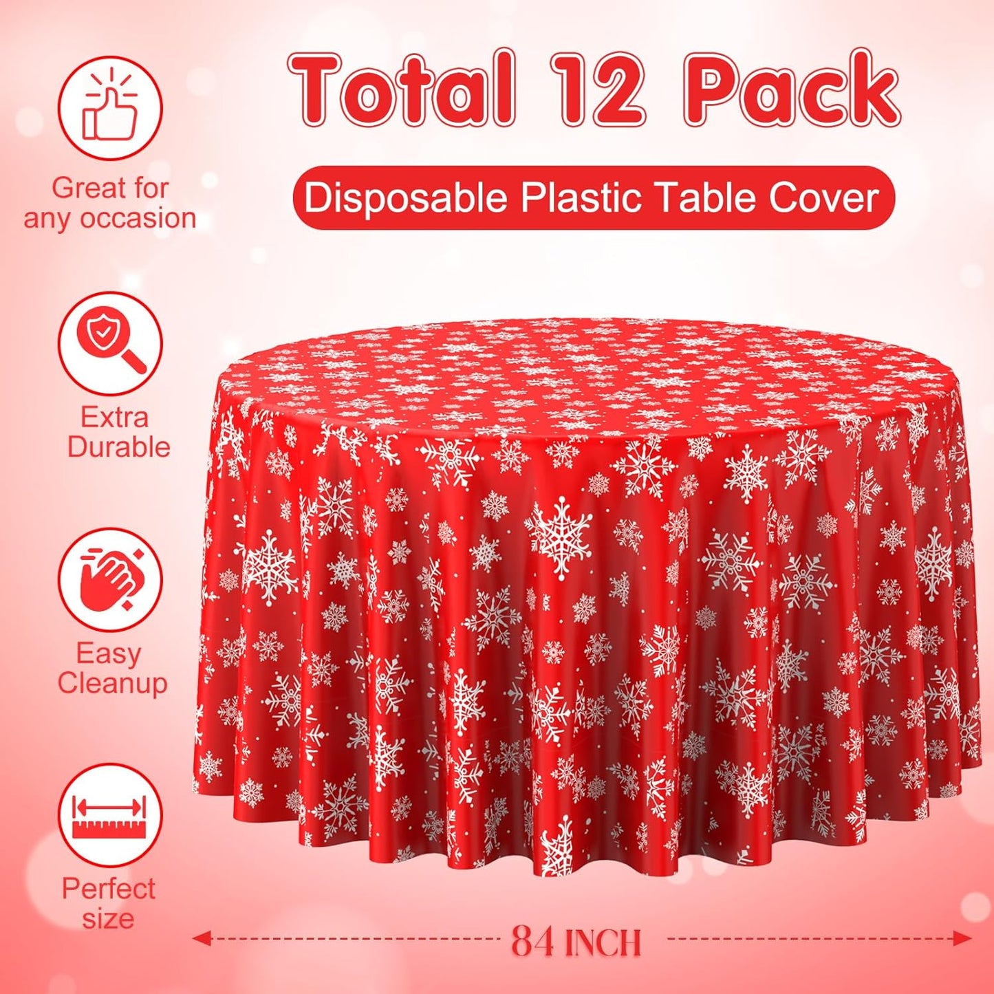 12 Pieces Christmas Snowflake Plastic Party Tablecloth Decorations, Disposable White Snowflake Red Xmas Round Table Cover Backdrop for Winter Christmas Holiday New Year Party Supplies,84 inch (Red)