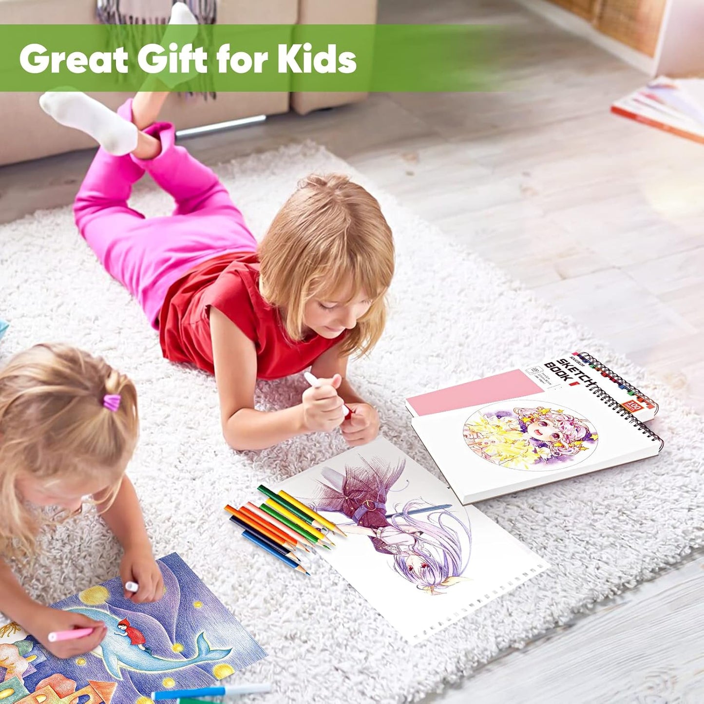 Art Supply Set - Sketching & Drawing Kit, Sketchbook Art Paper for Beginner Artists, Soucolor 9" x 12" Sketch Book, 2-Pack 100 Sheets Spiral Bound Sketchbook, Acid Free