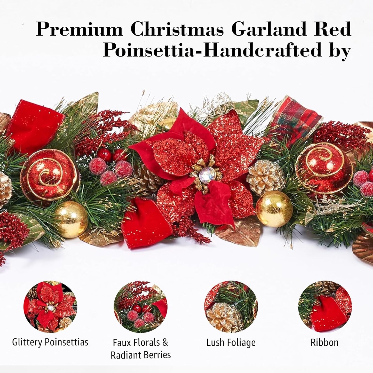 5 ft Christmas Garland for Mantle Unlit Garland for Stairs Railing, Banister, Staircase, Fireplace, for Table No Light, Garland Decor Frosted Red Poinsettia Holiday Tree (Decorated Red Poinsettia)