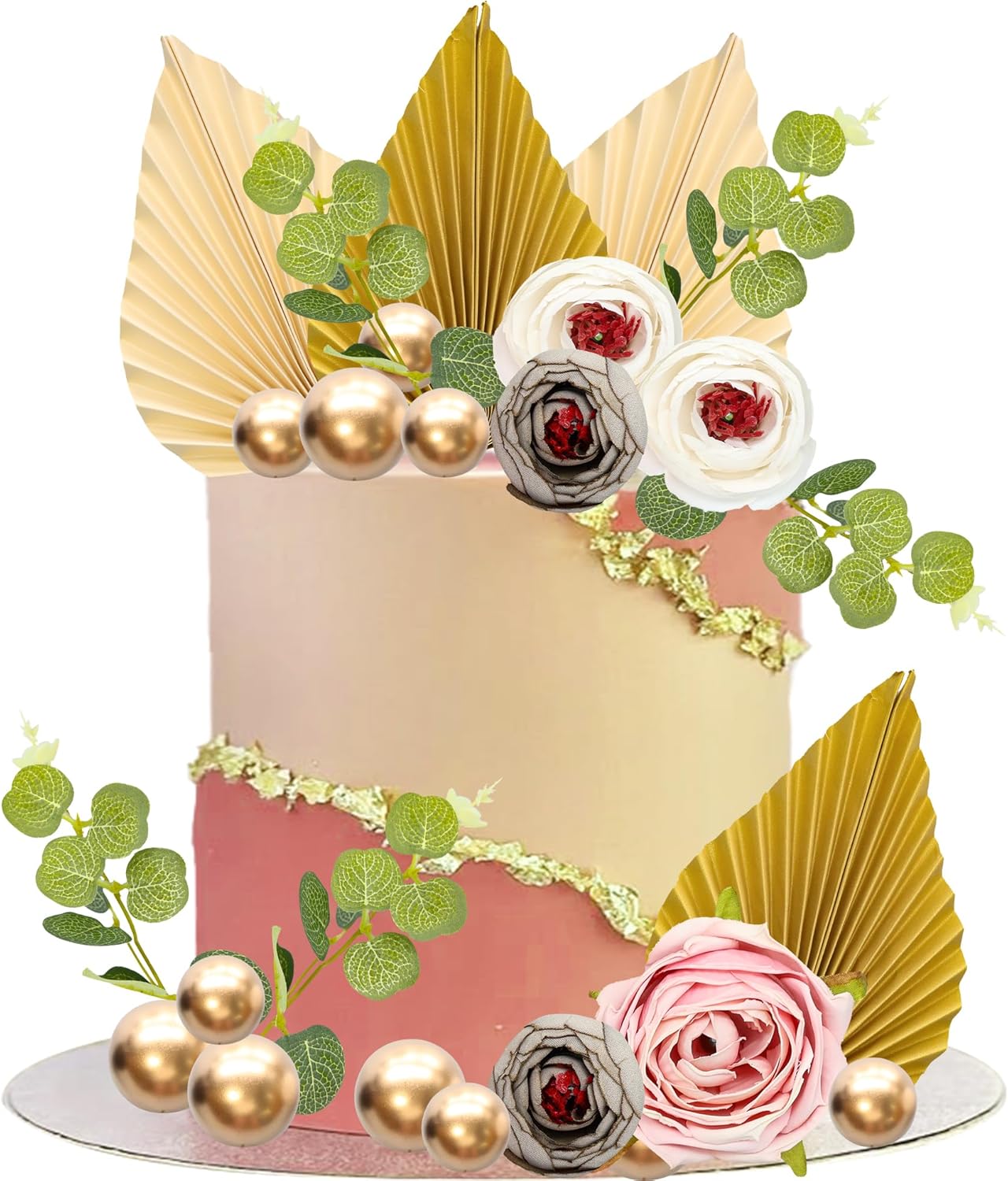 Gyufise 22Pcs Rose Artificial Flower Leaves Cake Topper Decorations Gold Balloon Cake Toppers Leaf Paper Palm Fan Cake Picks for DIY Wedding Birthday Valentine's Day Party Decorations Supplies Beige