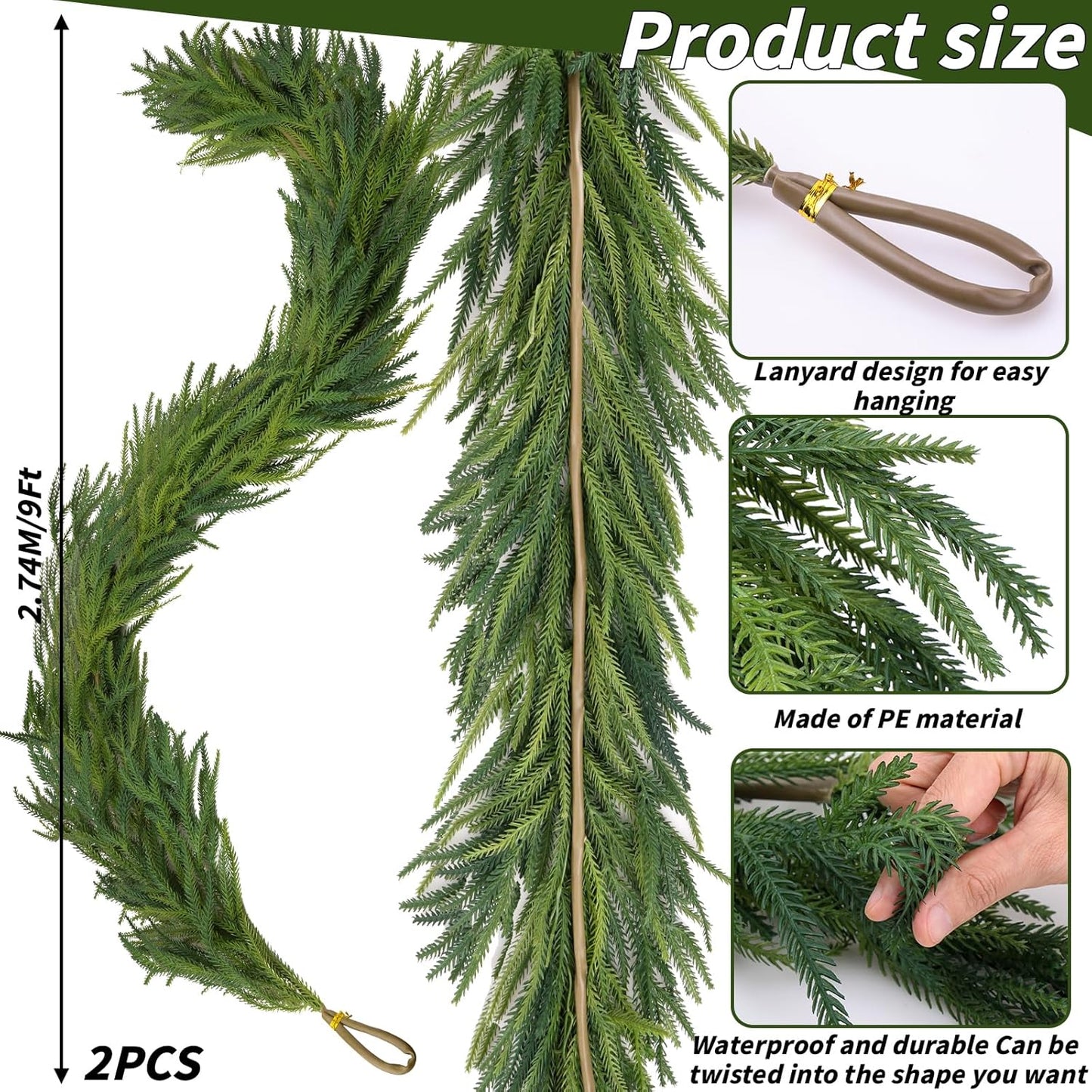 2 Pcs Artificial Norfolk Pine Garlands Christmas, 9 FT Dense Real Touch Winter Pine Garland Ornament, Green Artificial Greenery Garland for Table, Mantle, Wall, Indoor, Outdoor Christmas Decorations