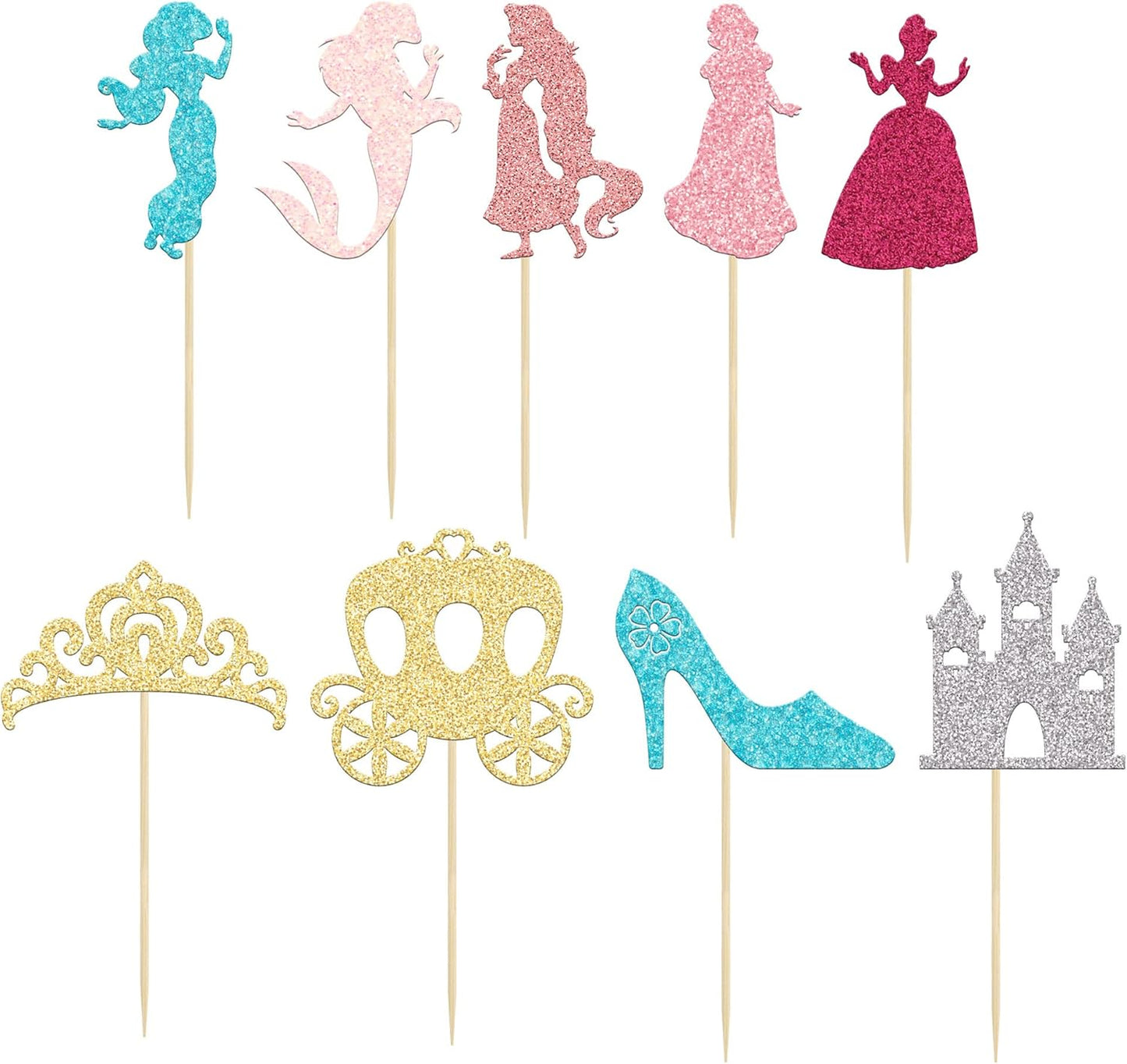 Gyufise 36Pcs Princess Cupcake Toppers Colorful Glitter Mermaid Girl Castle Carriage High Heel Crown Cupcake Picks Princess Theme Baby Shower Girls Birthday Party Cake Decorations Supplies