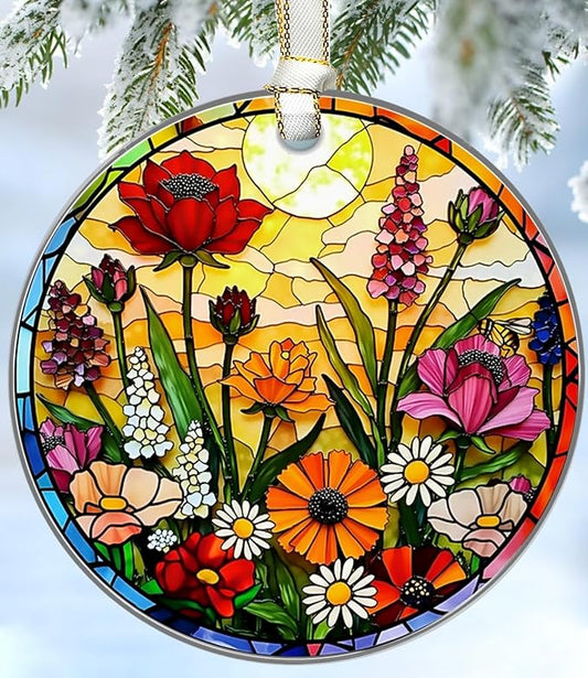 Floral Christmas Ornaments 2025, Stained Glass Christmas Tree Decorations, Exchange for Women, Men, Collectible Dated Year Ornaments for Tree - Glass Hanging Ornament
