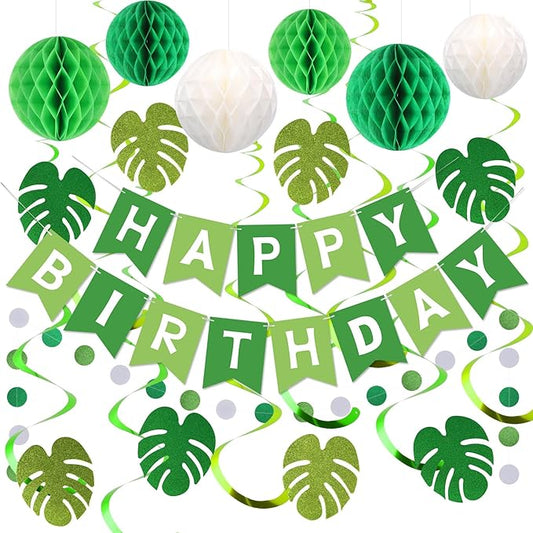 Meowtastic Green Birthday Decorations - Happy Banner with Honeycomb Balls, Palm Leaves Hanging Swirl Streamers, Circle Dot Garland - Party Decoration for Boy Girl