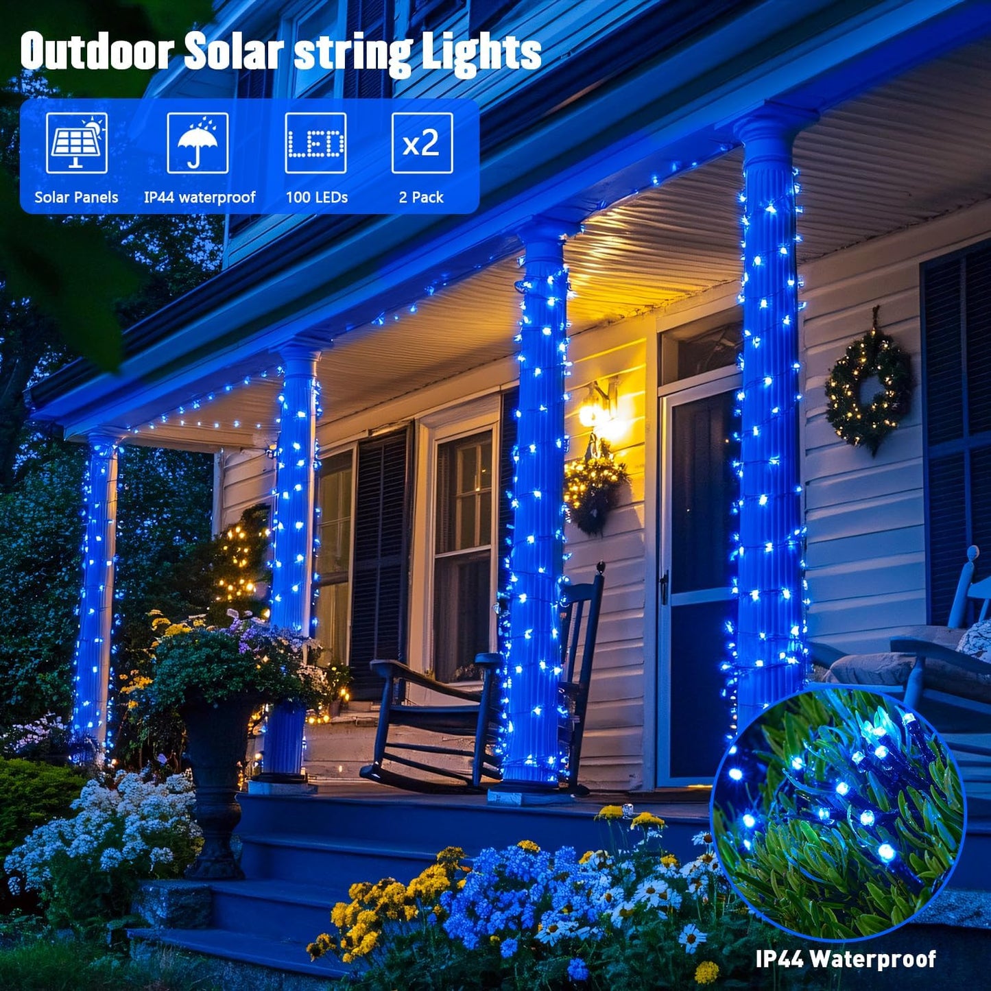 JMEXSUSS 2 Pack Blue Solar Christmas Lights: 100 LED 33ft Blue Solar Lights Outdoor, 8 Modes Solar String Lights for Outside Christmas Tree Gardens Party