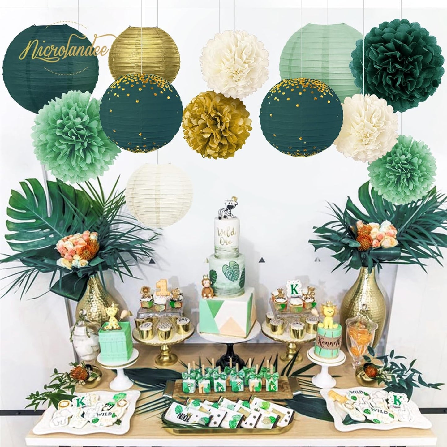 NICROLANDEE Wedding Decorations, 12PCS Hanging Paper Lanterns Tissue Pom Poms Emerald Green Backdrop Decor for Bridal Shower Birthday Baby Shower Green Theme Party Supplies