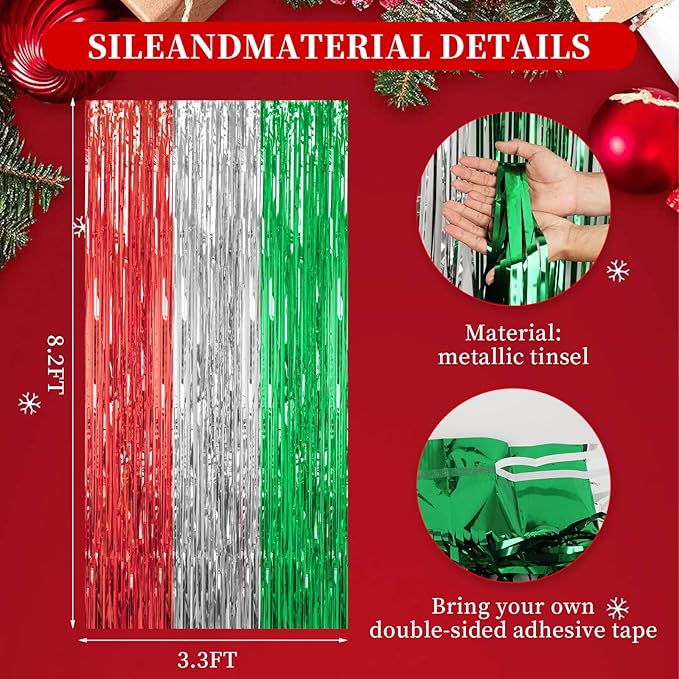 3 Pack Foil Fringe Backdrop - Shiny Tinsel Curtains for Party Decoration/Photo Booth Props - 3.3x8.2FT Metallic Foil Backdrop for Birthday, Wedding, Graduation, Christmas-Red&Silver&Green