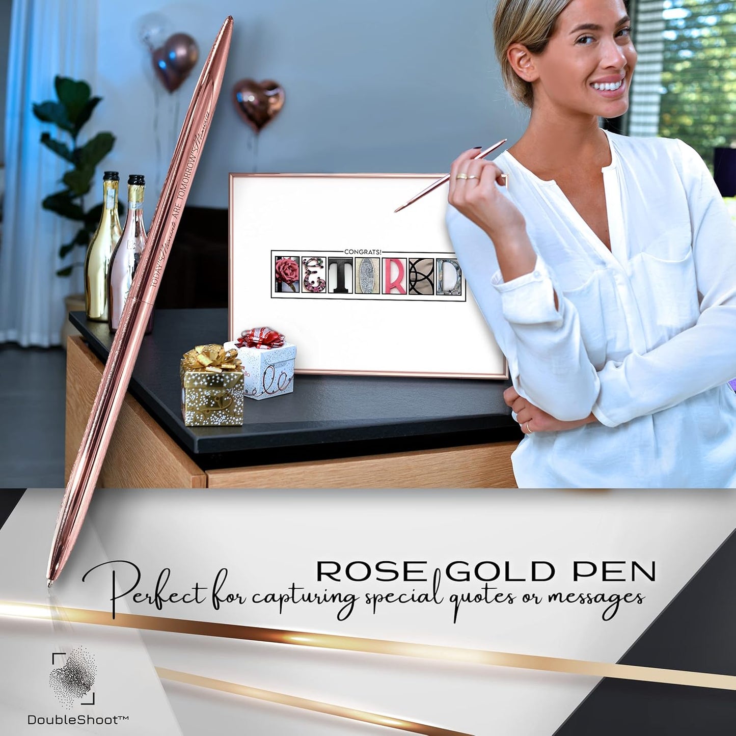 Framed Retirement Decorations Guest Book for Womens 12"x16" Rose Gold Frame - Window Cut Design - Including Gold Pen & Acrylic Glass - Retired Party Decor Gifts for Her