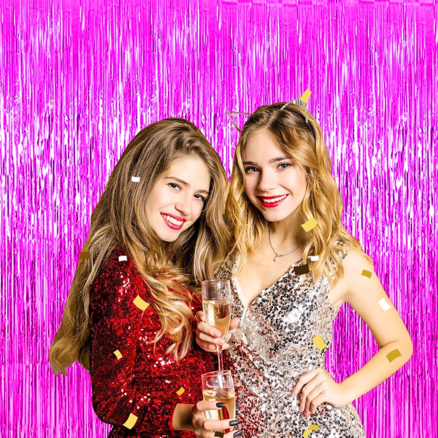 4P Metallic Foil Fringe Tinsel Table Skirts for Rectangle Tables Backdrop Banner Tinsel Streamer Garland Curtains for Parade Floats Wedding Graduation Anniversary Birthday Parties Decoration (Fuchsia)