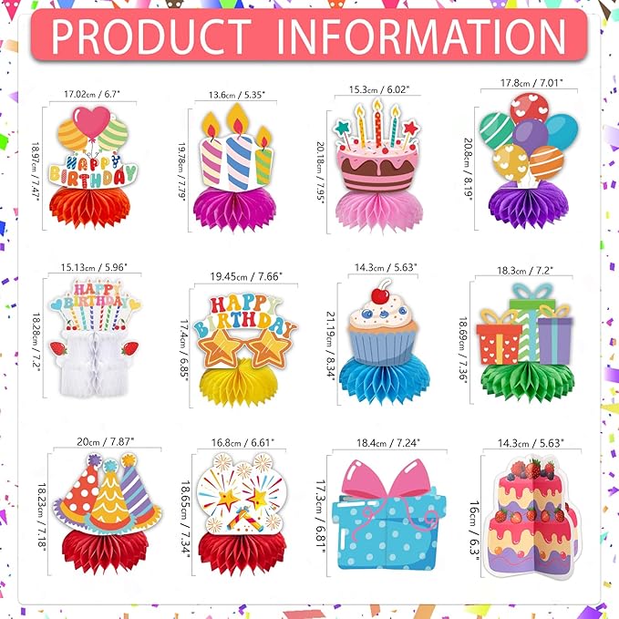 kockuu Kids Birthday centerpieces for tables - 12pcs Colorful Happy Birthday Table Decorations Paper Honeycomb Kids Party Decor Supplies