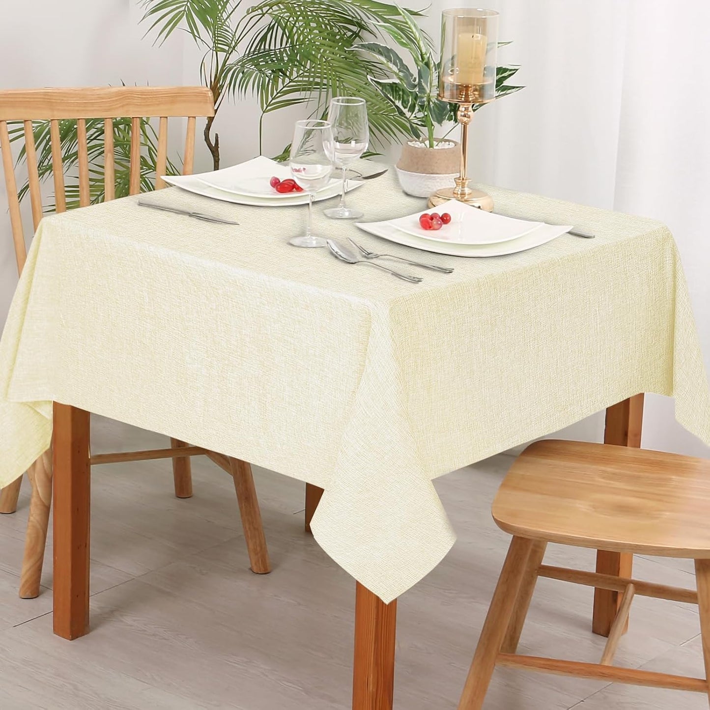 Hiasan 2 Pack Faux Linen Square Tablecloth - Wrinkle and Stain Resistant Washable Table Cloth for Kitchen Dining Room Holiday Table Cover for Party Dinner, Champagne, 70 x 70 Inch