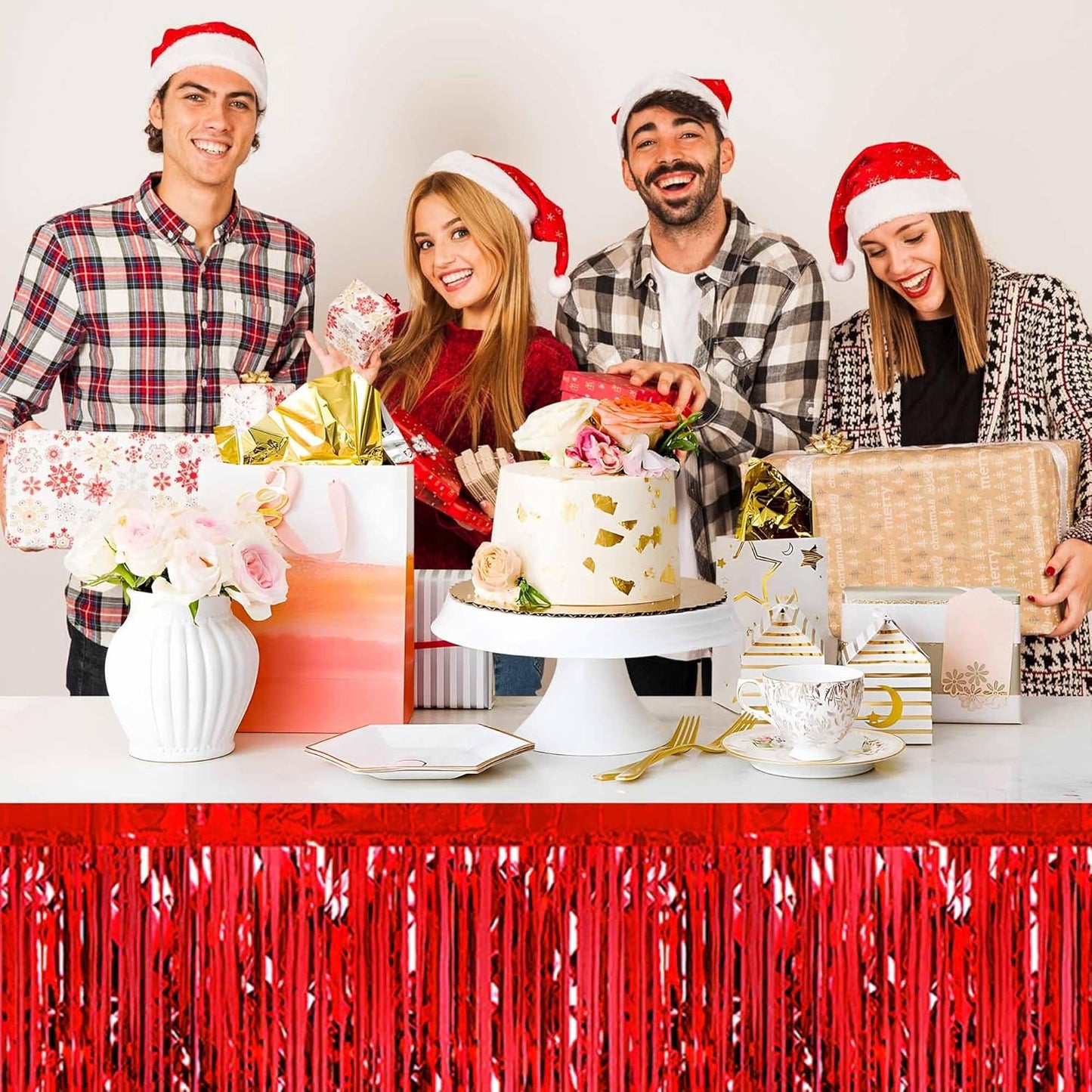 3 Pack 29 x108 Inch Red Foil Fringe Table Skirts Metallic Banner for Tinsel Streamer Garland Backdrop for Parade Floats Mother's Day, Graduate, Birthday, Wedding Party Decoration