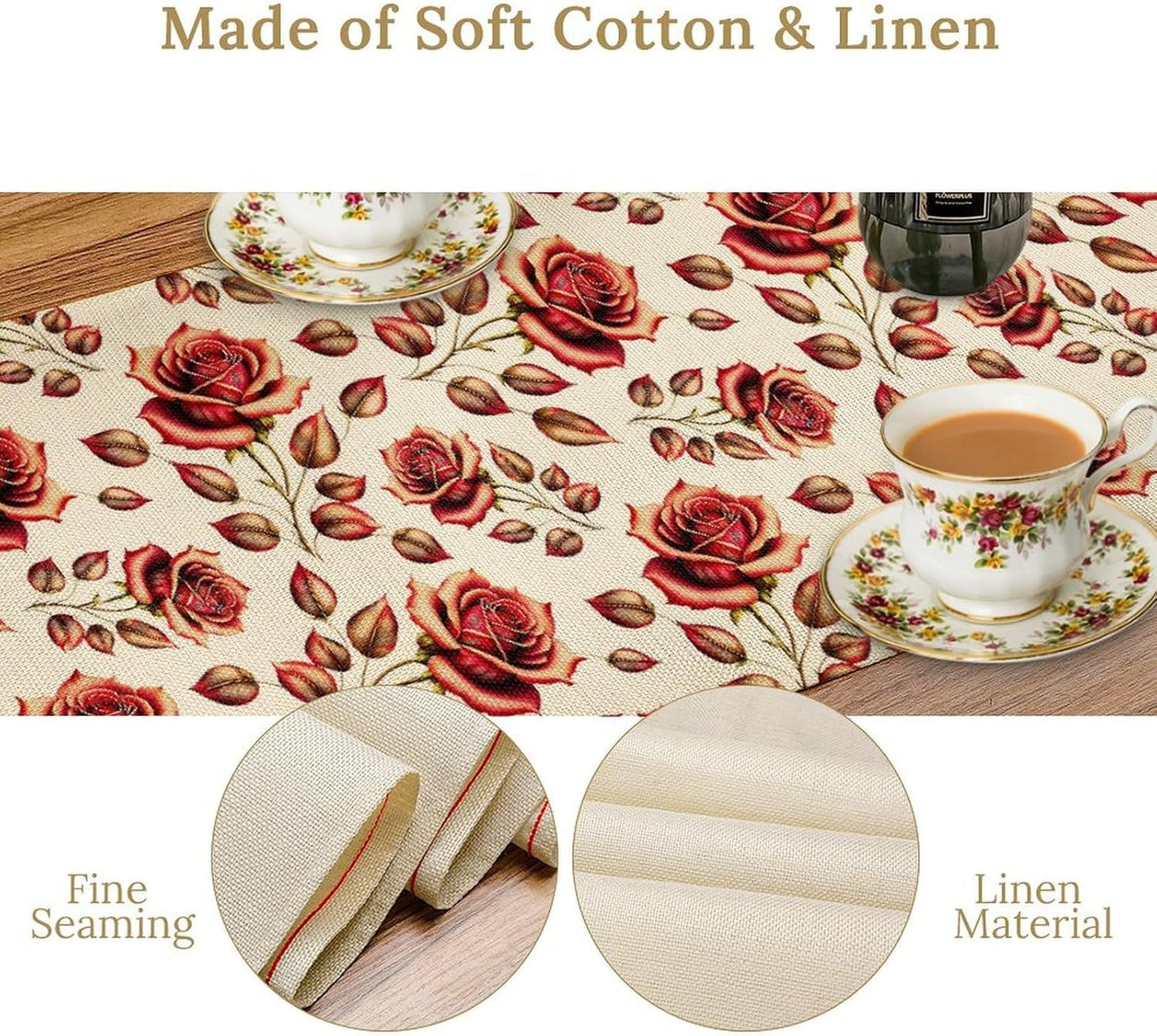 Retro Rose Table Runner, Romantic Love Elegant Plant Red Golden Flower Print Table Runner for Kitchen Dinning Table Runner Decor Home Wedding Party Holiday, 13x120 Inch