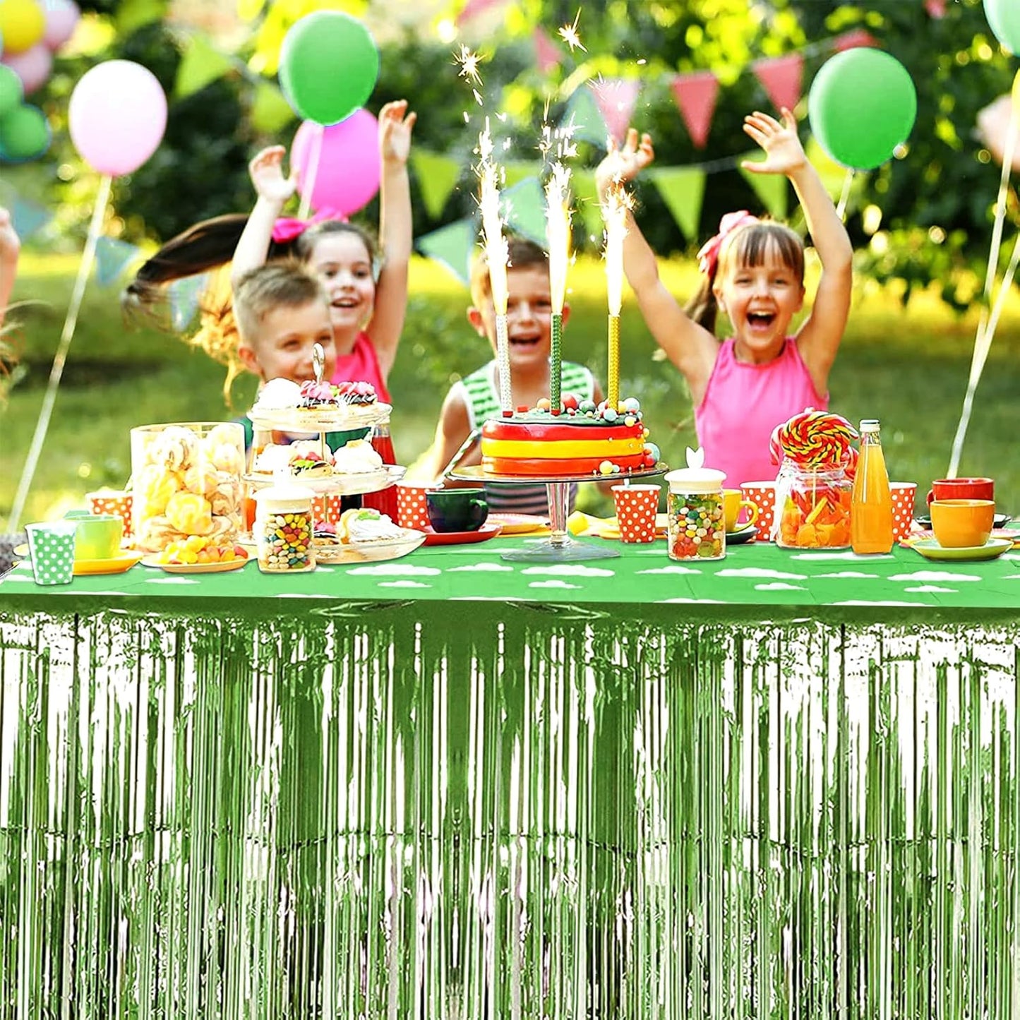 4 Pack 29x108 Inch Metallic Foil Fringe Tinsel Table Skirts for Rectangle Tables Streamer Backdrop for Wedding, Birthday, Parade Floats, Christmas, Halloween Party Decoration(Light Green)