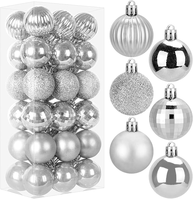 36-ct Christmas Balls Ornaments Set, 1.97-Inch Christmas Tree Balls with Hanging Strings, 6 Classic Finishes Shatterproof Plastic Decor for Xmas Holiday Wedding Party Home Indoor Decorations-Silver