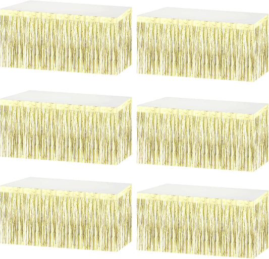 6 Pack 29x108 Inch Metallic Foil Fringe Tinsel Table Skirts Banner for Rectangle Tables Streamer Garland Backdrop for Wedding, Birthday, Parade Floats, Christmas Party Decoration(Light Gold)