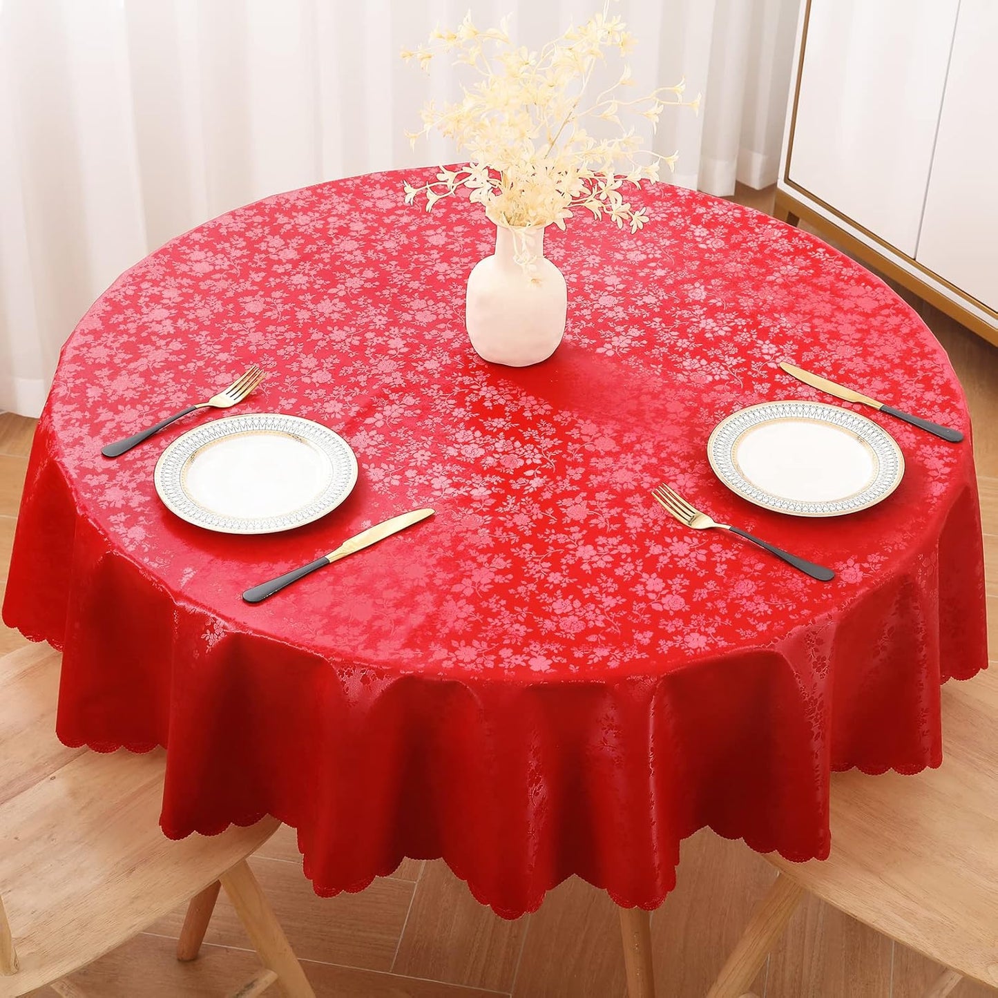 Smiry Round Table Cloth, Waterproof Heavy Duty Vinyl Tablecloths, Wipeable Washable Table Cover for Kitchen and Dining Room (Red, 60" Round)