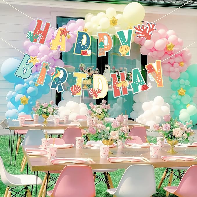 SUNBEAUTY Happy Birthday Banner Sea Animal Birthday Decorations Sea Shells Ocean Theme Party Supplies for Baby Shower | Pre-Strung