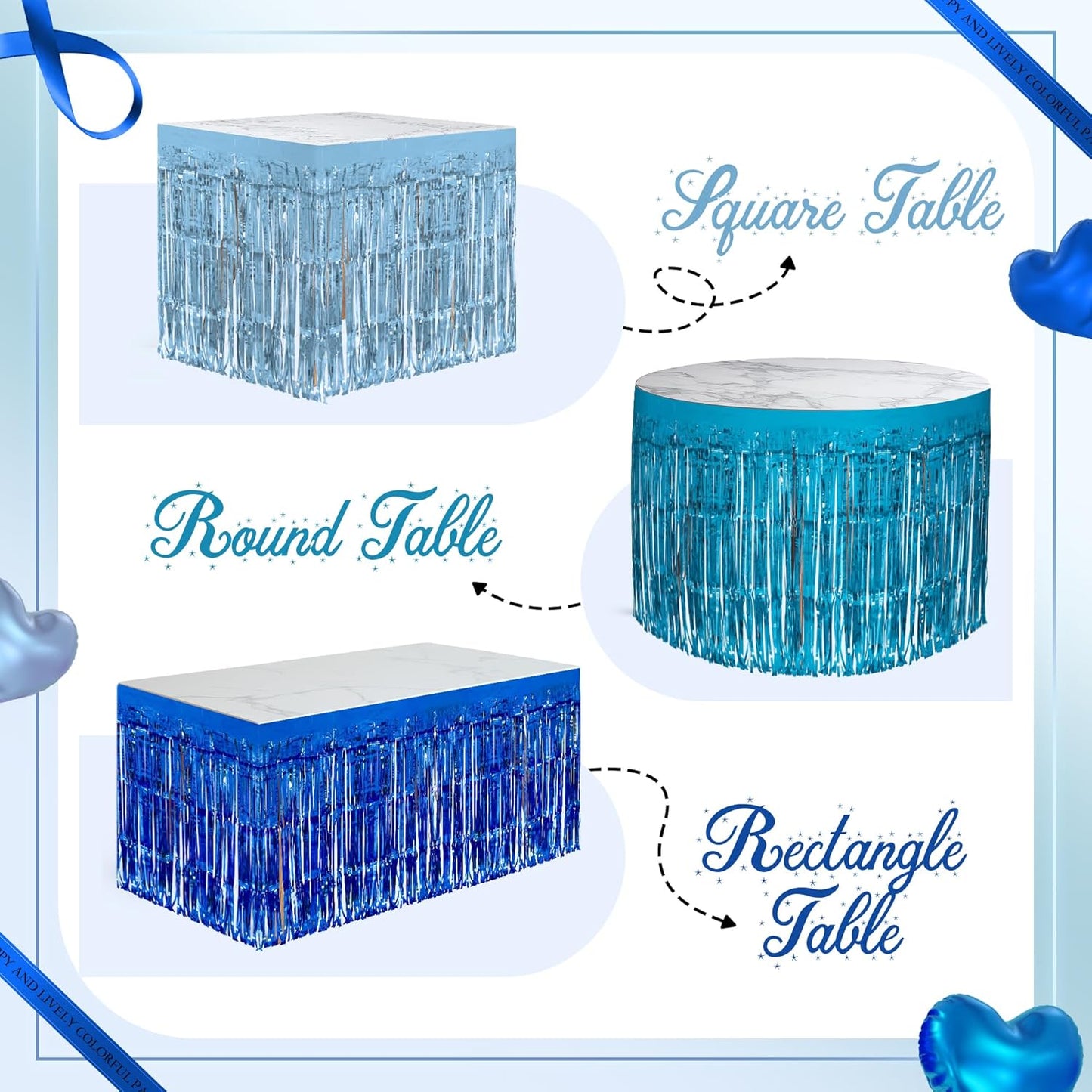 3 Pack Blue Series Table Skirts, 29x108" Metallic Foil Tinsel Fringe Table Skirt for Rectangle Tables Streamer Curtains Backdrop, Party Decorations for Birthdays, Weddings, Holidays