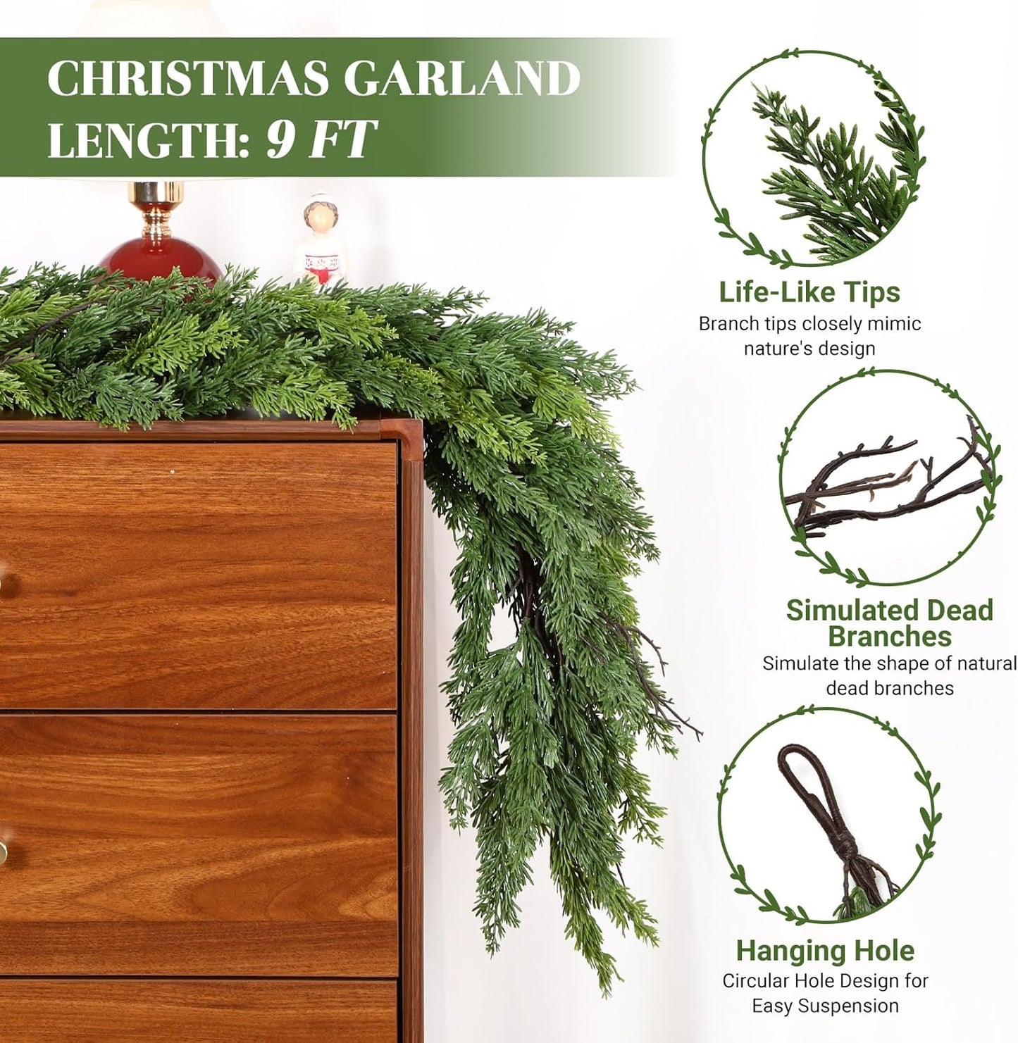 2PCS 9FT Artificial Christmas Garland, Cedar Garland -Real Touch Greenery Cypress Pine Garland for Mantle Table Railing Fireplace Indoor & Outdoor Christmas Decorations