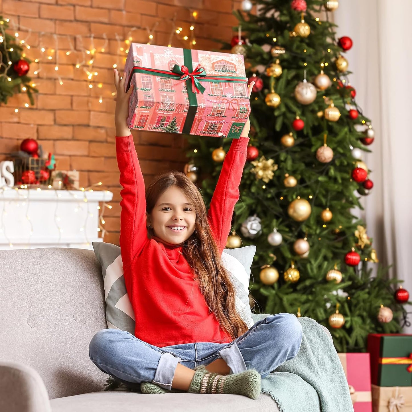 LeZakaa Pink Christmas Wrapping Paper Roll for Girls Kids, Winter Street Scene Romantic Townhouse with Snowflakes for Holiday Gifts, Family Friends, Winter Wonderland, Mini Roll 17 in x 16.4 Ft