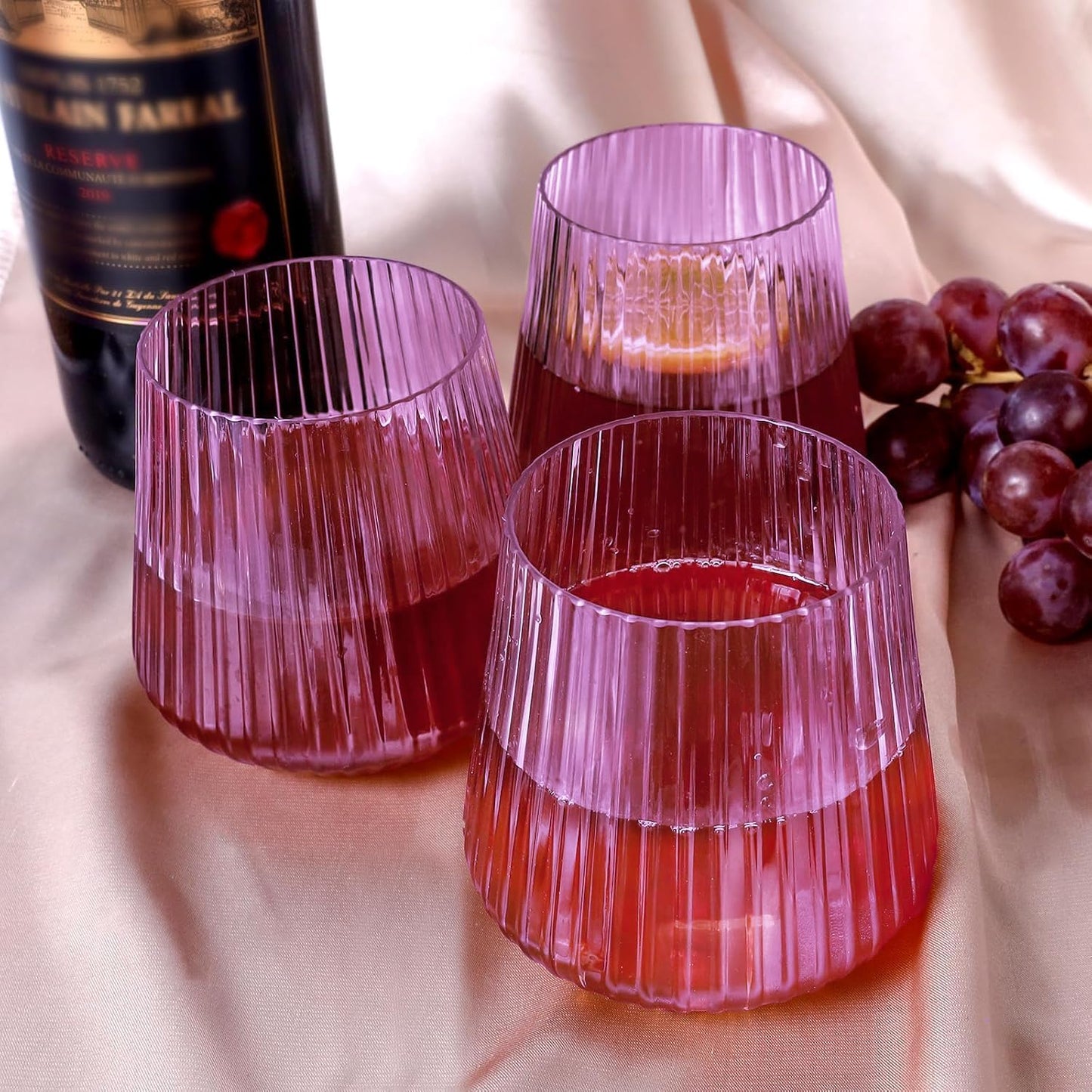 40 Pack Plastic Ribbed Wine Glasses, 14Oz Origami Disposable Wine Glasses Unbreakable Clear Plastic Cocktail Glasses Recyclable Shatterproof Reusable Wine Cups (14oz-purple-40pack)