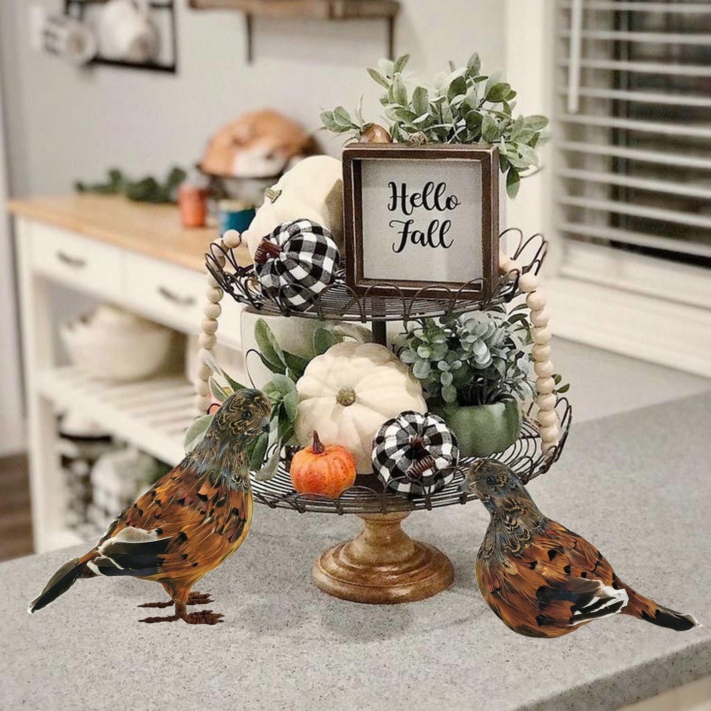 naturevibe 7.5 Inches Feathered Quail Set of 2 Fall Decorations,Artificial Woodland Animals Fall Figurines with Natural Feather as Centerpiece Table Decorations or Autumn Harvest Decor