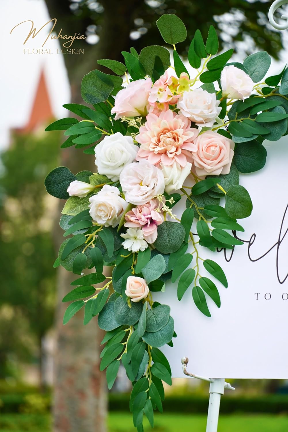 Wedding Sign Faux Flower Swag (Pack of 2) for Ceremony Party Reception Entrance Floral Decor Wall Easel Stand for Wedding Poster Welcome Sign (Pink)