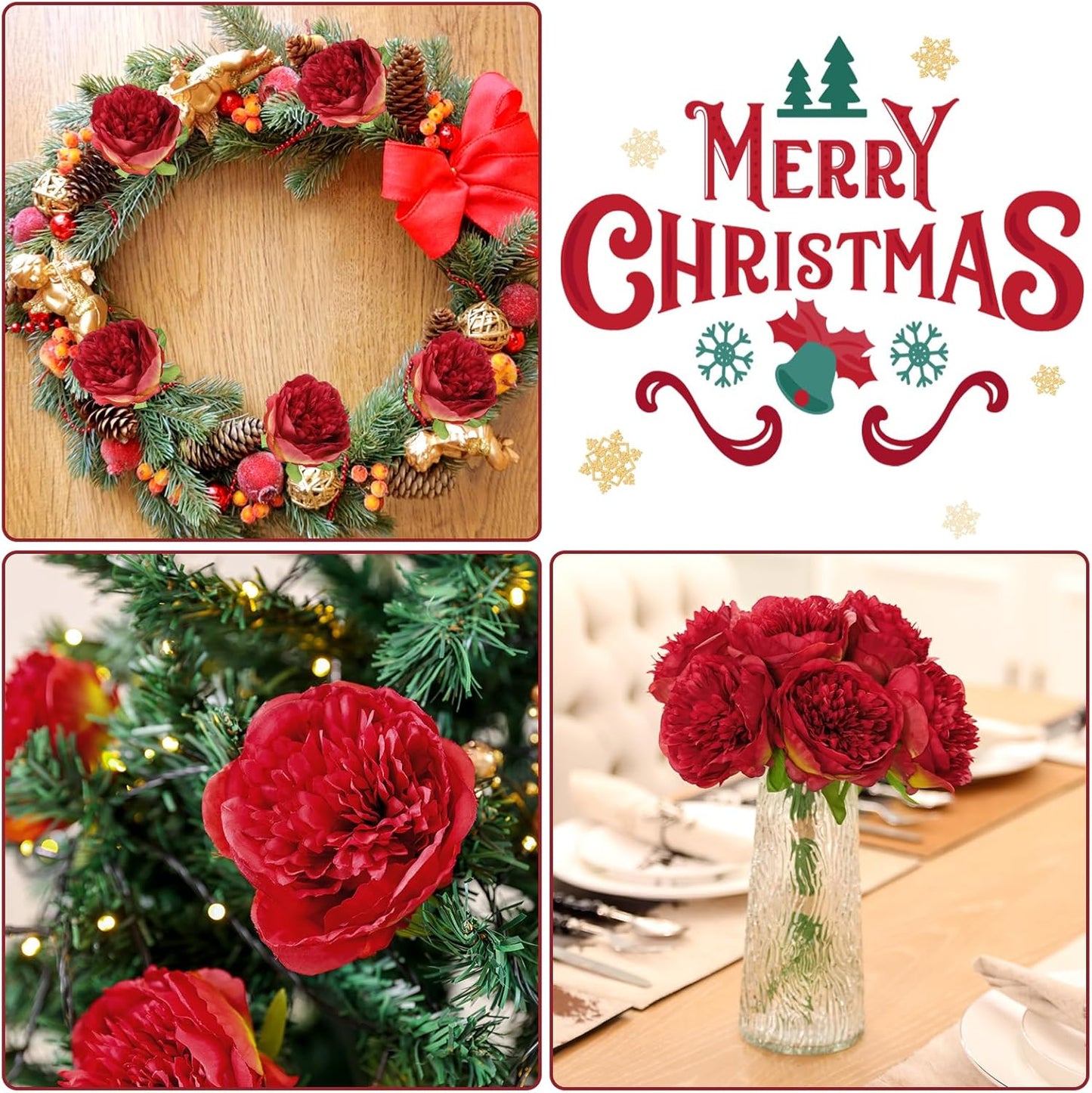 U'Artlines 20 Heads Artificial Peony Silk Flower Leaf for Christmas Holiday New Year Home Office Wedding Party Festival Bar Decor (Red)