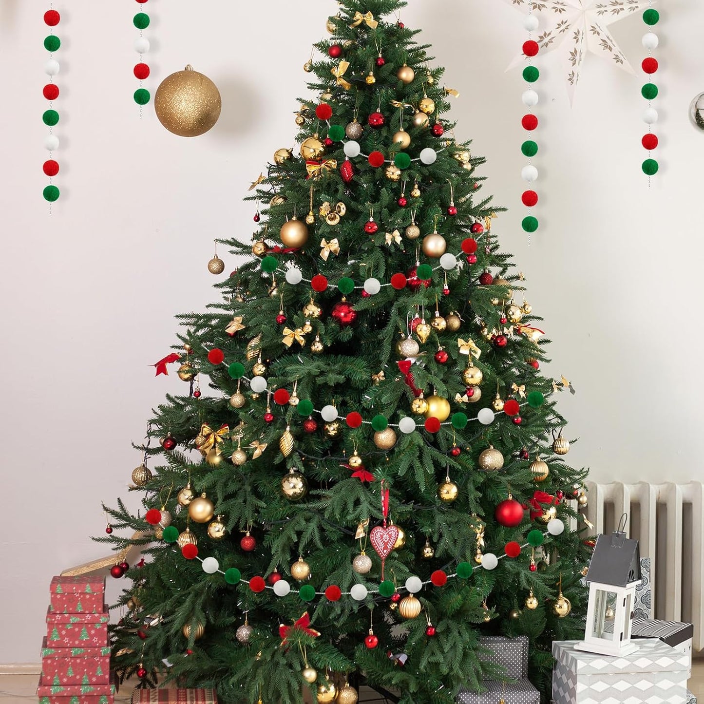 3 Pack Pom Pom Garland Colorful Felt Ball Garland Decorations, 6.5 Feet Long with 30 Balls Banner Hanging Supplies for Christmas, Parties (Red, Green & White)