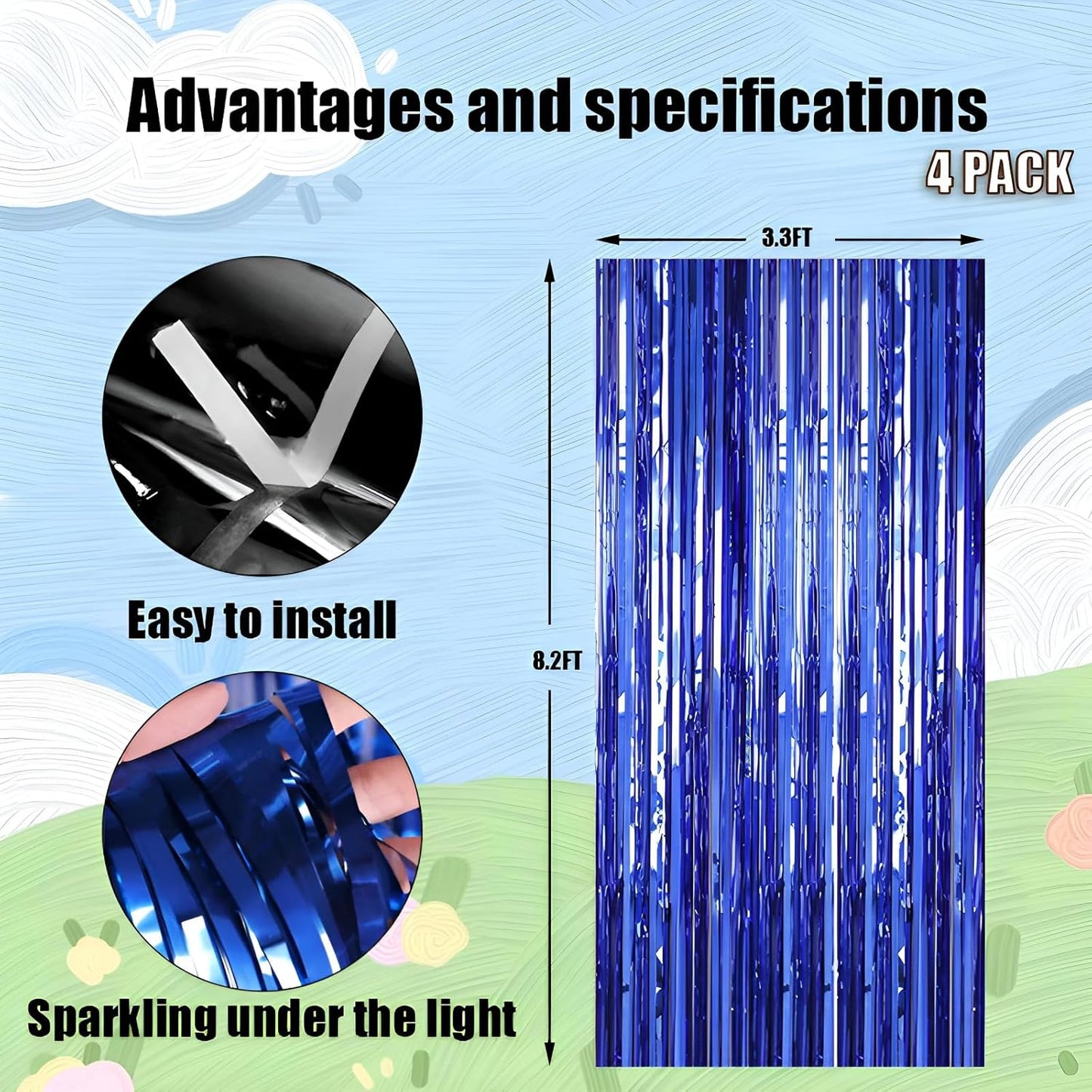 4 Pack 3.3 * 8.3 ft Foil Curtain Metallic Tinsel Fringe Curtains Photo Booth Props Backdrop for Birthday Wedding Engagement Baby Shower Christmas Holiday Celebration Party,Blue