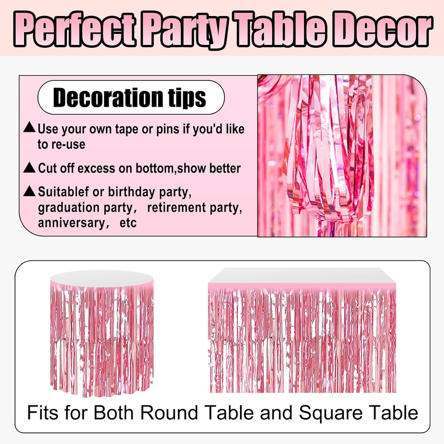 3 Pack 29x108 Inch Pink Foil Fringe Table Skirts Metallic Banner for Tinsel Streamer Garland Backdrop for Parade Floats Wedding Thanksgiving Birthday Christmas Halloween Party Decoration