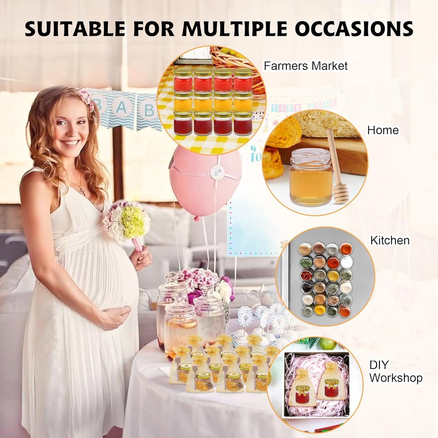 126 Pcs 1.5 oz Mini Round Glass Honey Jars with Dippers, Gold Lids, Bee Stickers, Bee Charms, Gift Bags & Jute– Empty Small Honey Jars for Party Favors Bulk, Ideal for Baby Showers ＆ Weddings