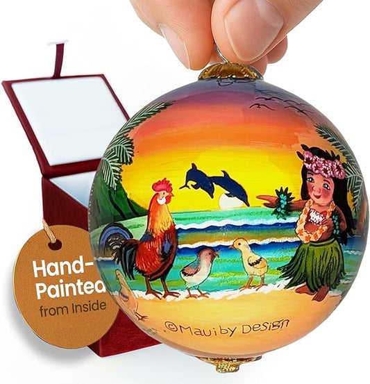 Collectible Hawaiian Keiki, Chicks and Rooster Glass Ornament Hand-Painted with Gift Box CKR/H