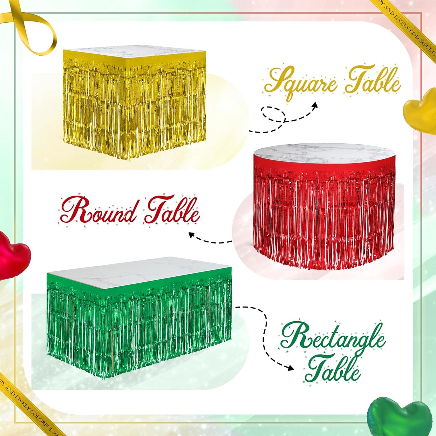 3 Pack Red Green Gold Table Skirts, 29x108" Metallic Foil Tinsel Fringe Table Skirt for Rectangle Tables Streamer Curtains Backdrop, Party Decorations for Birthdays, Weddings, Holidays