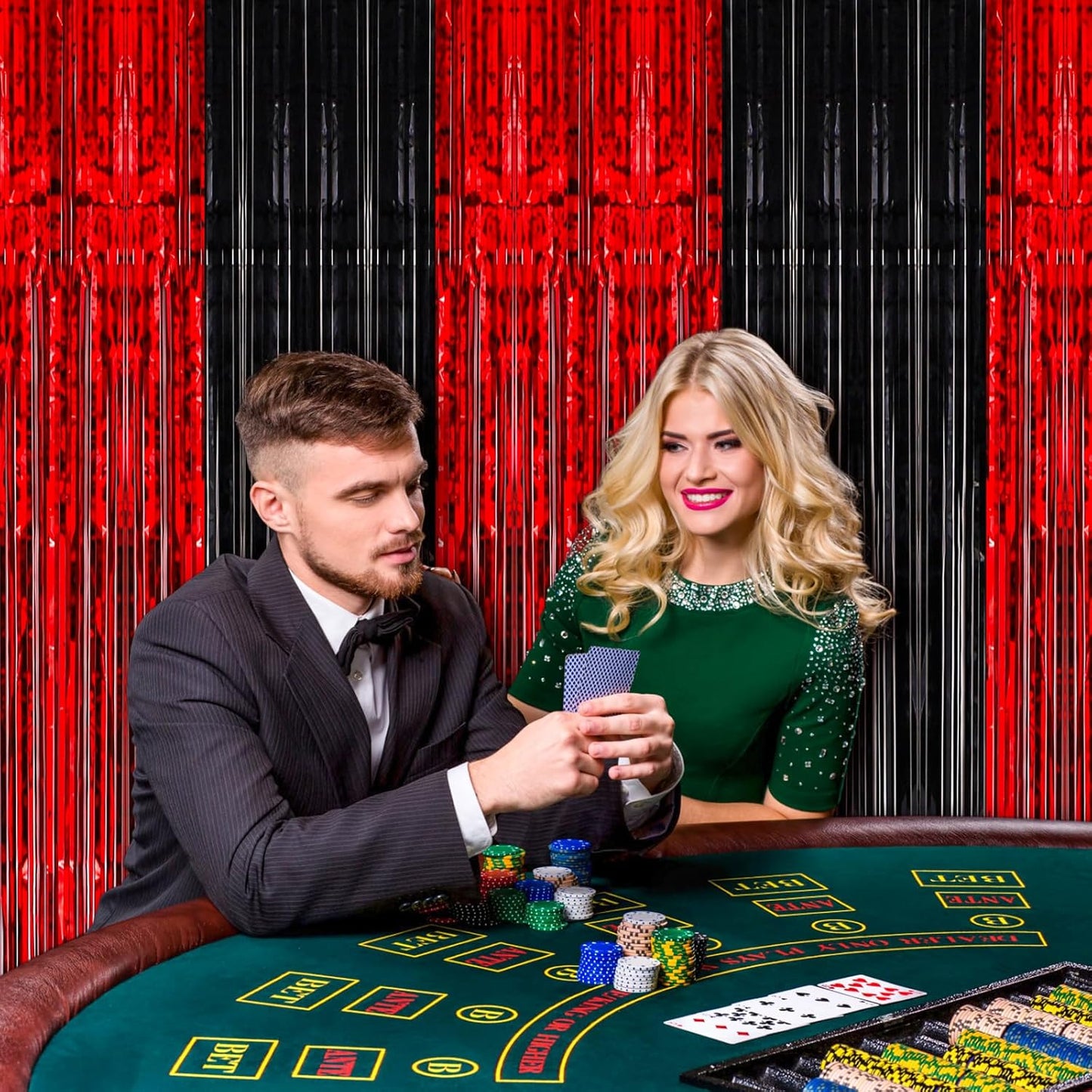 2 Pack 3.3x8.2 Feet Red and Black Foil Fringe Backdrop Curtains, Tinsel Streamers Birthday Party Decorations, Fringe Backdrop for Graduation, Movie Night, Horror Party