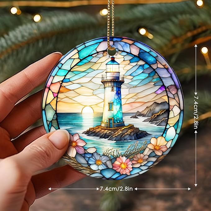 Stained Ceramic Lighthouse Ornament - Christmas Tree Ornaments - Christmas Decorations - Lighthouse Decor for Office, Room, Home - Holiday Present Ideas