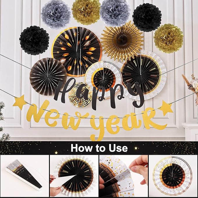 SUNBEAUTY New Years Eve Party Supplies 2026, Happy New Year Decorations Black Gold Hanging Paper Fans Tissue Pom Poms Happy New Year Banner for 2026 New Year Party Favor Supplies Decorations