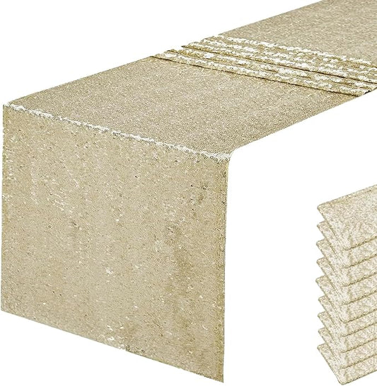 10 Packs 12 x 72 inches Champagne Sequin Table Runner, Glitter Runner for Birthday Party Supplies Decorations Wedding Bachelorette Holiday Celebration Bridal Shower Baby Shower