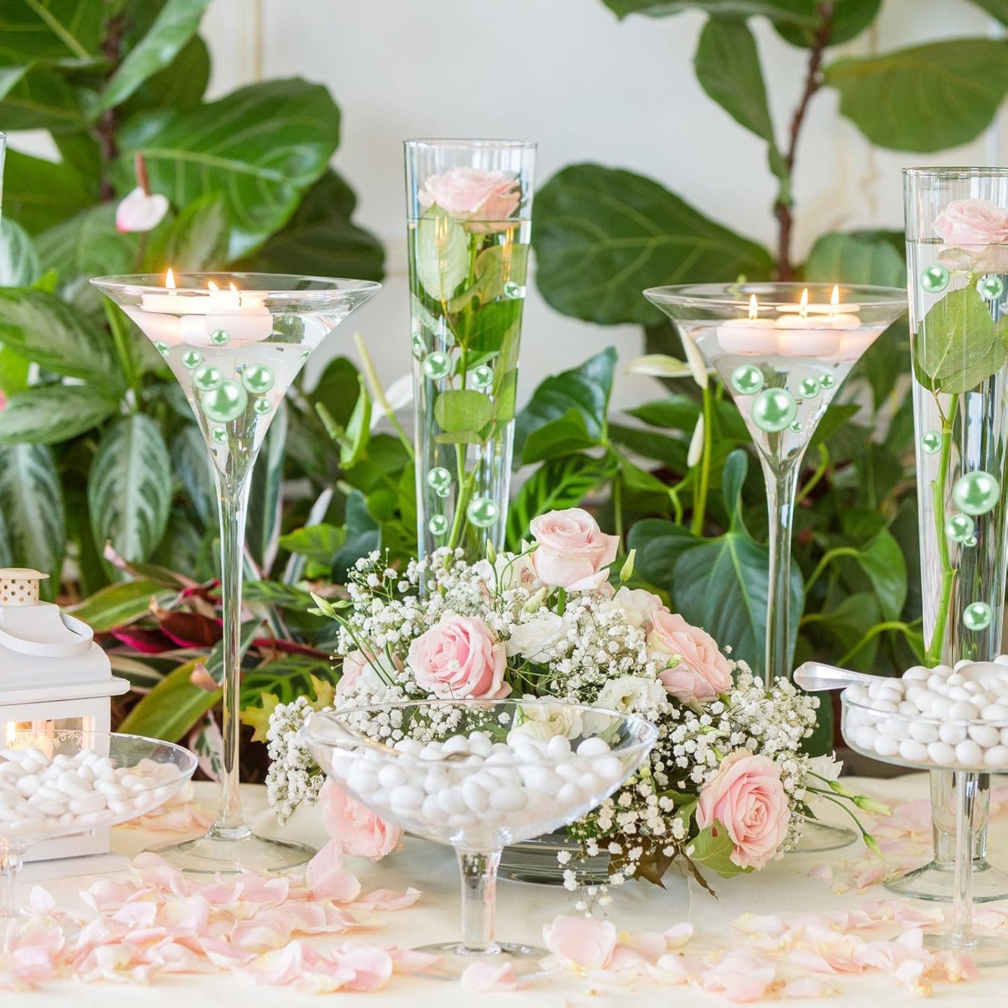 100PCS Faux Pearls Beads for Centerpiece Vases, Green Vase Filler Faux Pearls, No Holes Filler Beads for Mardi Gras St. Patrick's Day Party Wedding Table Decor, 14/20/30mm